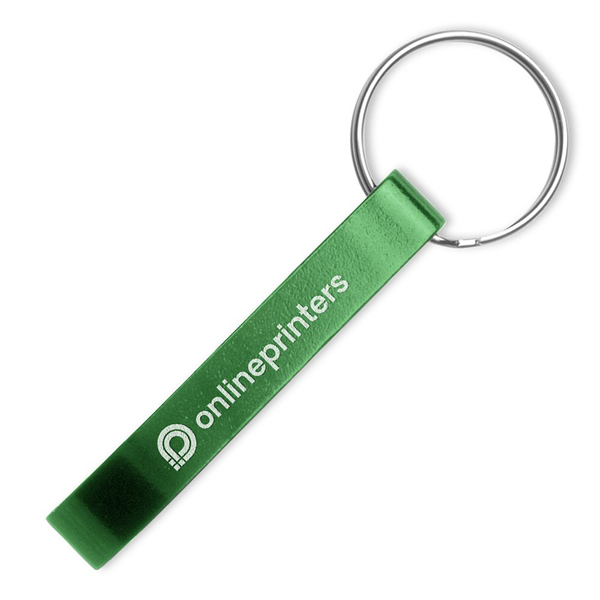 Apribottiglie verde con anello portachiavi e stampa “Onlineprinters”.