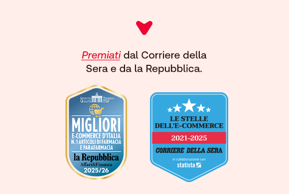 Premiati dal Corriere della Sera e da la Repubblica come miglior e-commerce di farmacia e parafarmacia in Italia. Mostrate due medaglie con i loghi 2025/26 e 2021–2025.