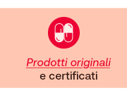 Icona con due capsule, testo: Prodotti originali e certificati su sfondo color pesca.