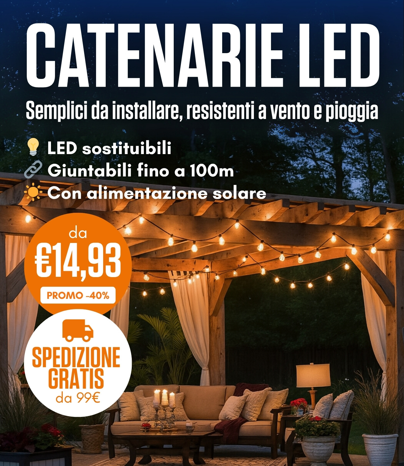 Catenarie: semplici da installare, resistenti a vento e pioggia con LED sostituibili!