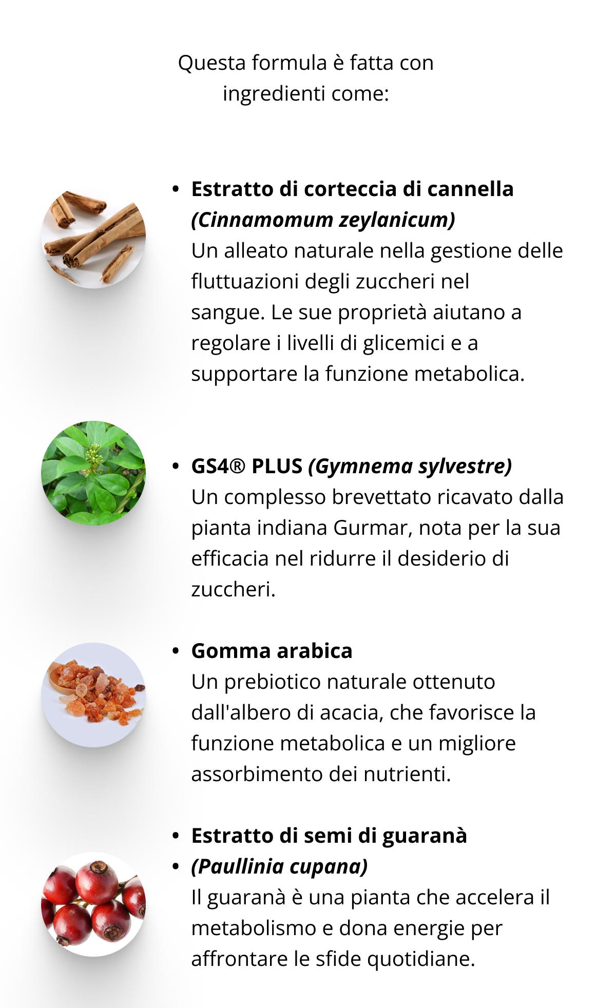 Questa formula è fatta con ingredienti come: Estratto di corteccia di cannella (Cinnamomum zeylanicum) Un alleato naturale nella gestione delle fluttuazioni degli zuccheri nel sangue.  Le sue proprietà aiutano a regolare i livelli di zucchero nel sangue e a supportare la funzione metabolica.   GS4® PLUS (Gymnema sylvestre) Un complesso brevettato ricavato dalla pianta indiana Gurmar, nota per la sua efficacia nel ridurre il desiderio di zuccheri.  Gomma arabica Un prebiotico naturale ottenuto dall'albero di acacia, che favorisce la funzione metabolica e un migliore assorbimento dei nutrienti.  Estratto di semi di guaranà (Paullinia cupana) Il guaranà è una pianta che accelera il metabolismo e dona energie per affrontare le sfide quotidiane.