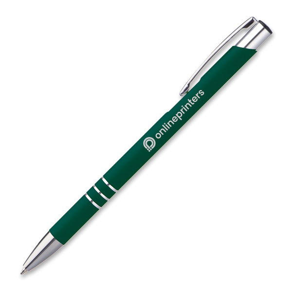 Biro verde con dettagli argentati e impronta “Onlineprinters”.