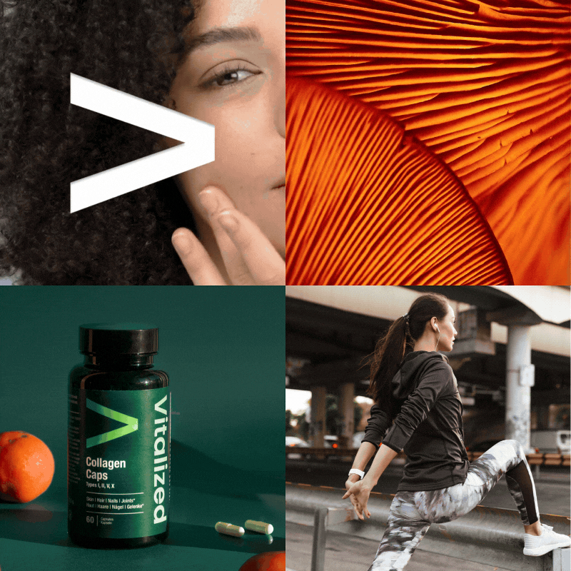 alt="GIF con una donna dalla pelle sana, unghie forti e capelli lucenti, un flacone di Collagen Caps di Vitalized, una donna che si allunga all'aperto e una texture arancione astratta – evidenziando i benefici del collagene per bellezza, articolazioni e vitalità"