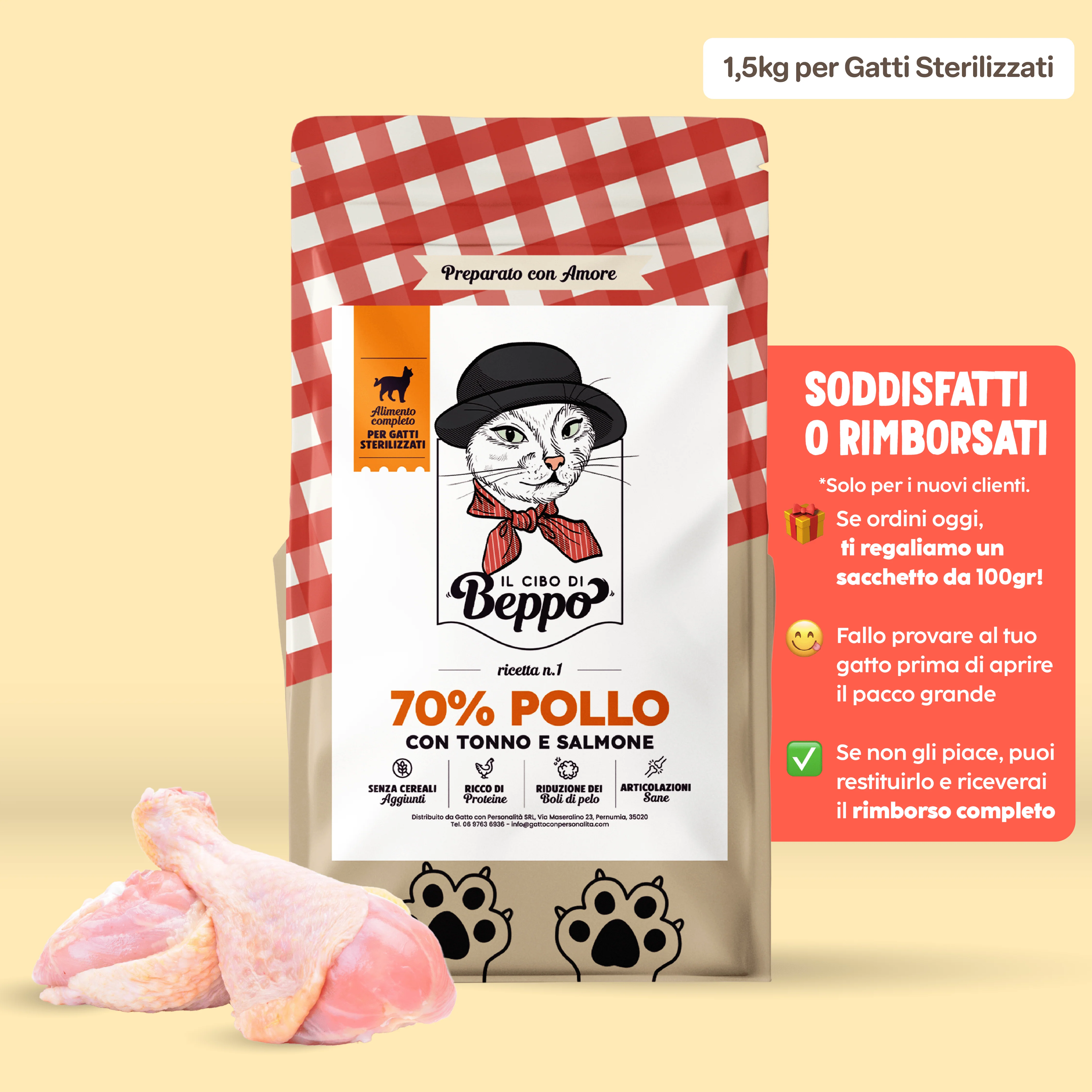 Image of Il Cibo di Beppo - Crocchette per Gatti Sterilizzati - Ricetta Grain Free - Formulata senza grano e senza glutine - Alimento Completo - 1.5kg