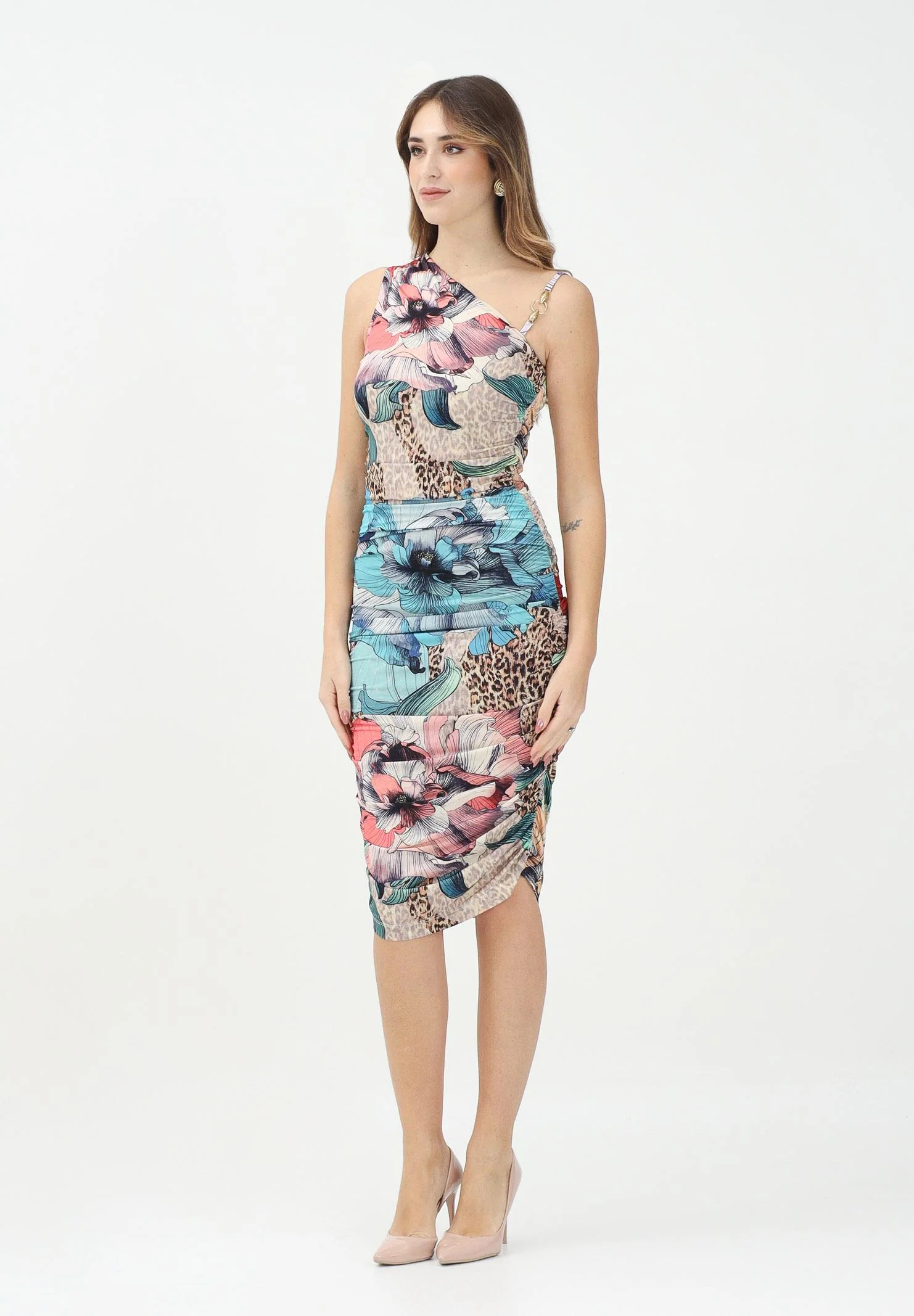 Image of JUST CAVALLI Abito midi multicolore da donna con stampa floreale e animalier