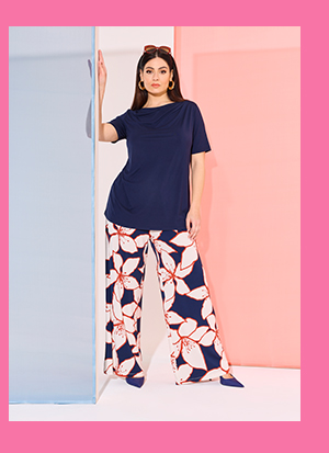 Pantaloni in jersey con fiori, taglio della gamba ampio e dritto e cintura elastica
