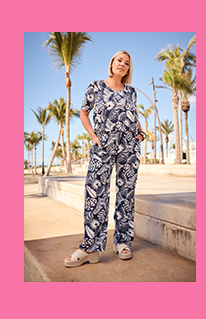 Pantaloni modello Rose con taglio della gamba ampio, foglie e cintura elastica