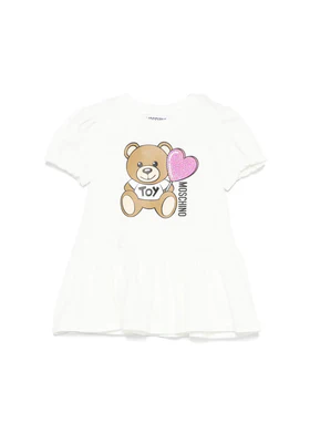 Moschino Kids Abito Bianco con Stampa e Ruches per Neonate