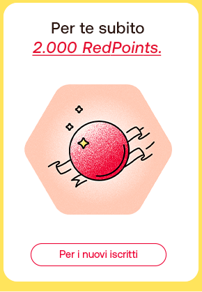 Icona di una sfera rossa brillante su sfondo rosa. Testo per te subito 2.000 RedPoints. Pulsante per i nuovi iscritti.