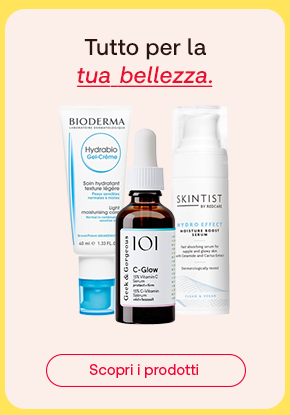 Tre prodotti skincare con testo tutto per la tua bellezza. Flaconi Bioderma, Geek & Gorgeous e Skintist. Pulsante scopri i prodotti.