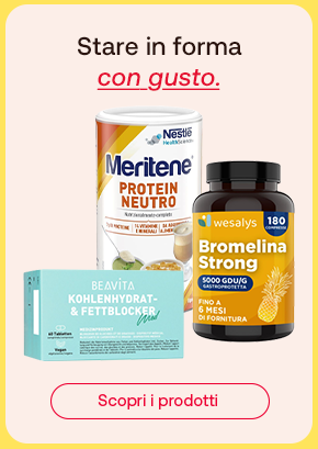 Integratori per lo sport Meriten, Bromelina Strong e BeaVita. Testo stare in forma con gusto. Pulsante rosso scopri i prodotti.