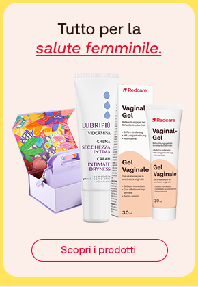 Prodotti intimi Redcare e Lubripiu con scritta tutto per la salute femminile. Immagine di confezione regalo colorata.