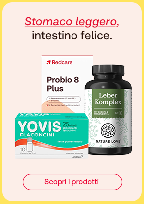 Integratori intestinali Yovis, Probio 8 Plus, Leber Komplex su sfondo chiaro. Testo stomaco leggero, intestino felice.