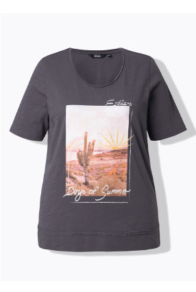 T-shirt classica con cactus, orli arrotolati, scollo a girocollo e mezze maniche