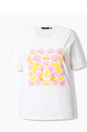T-shirt con design floreale, ricami, scollo a girocollo e mezze maniche