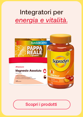 Integratori Pappa Reale, Supradyn e Magnesio Assoluto con scritta energia e vitalità. Pulsante rosso scopri i prodotti.