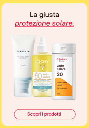 Tre prodotti solari Redcare, Vichy e Skin1004 su sfondo beige con testo la giusta protezione solare. Pulsante rosso scopri i prodotti.