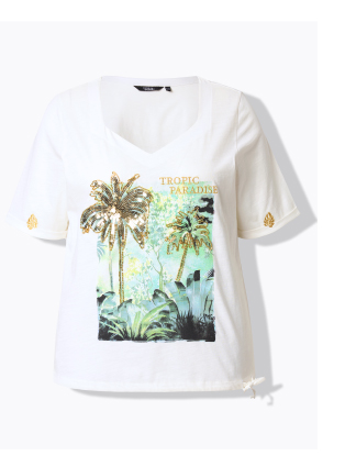 T-shirt con coulisse, palme, scollo a cuore e mezze maniche