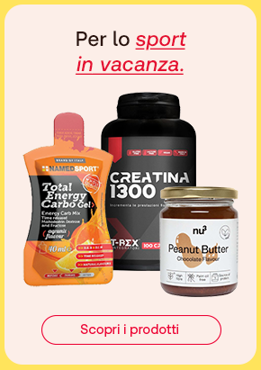 Prodotti sportivi per l’energia: gel NamedSport, creatina T-Rex, crema spalmabile nu3. Testo per lo sport in vacanza.