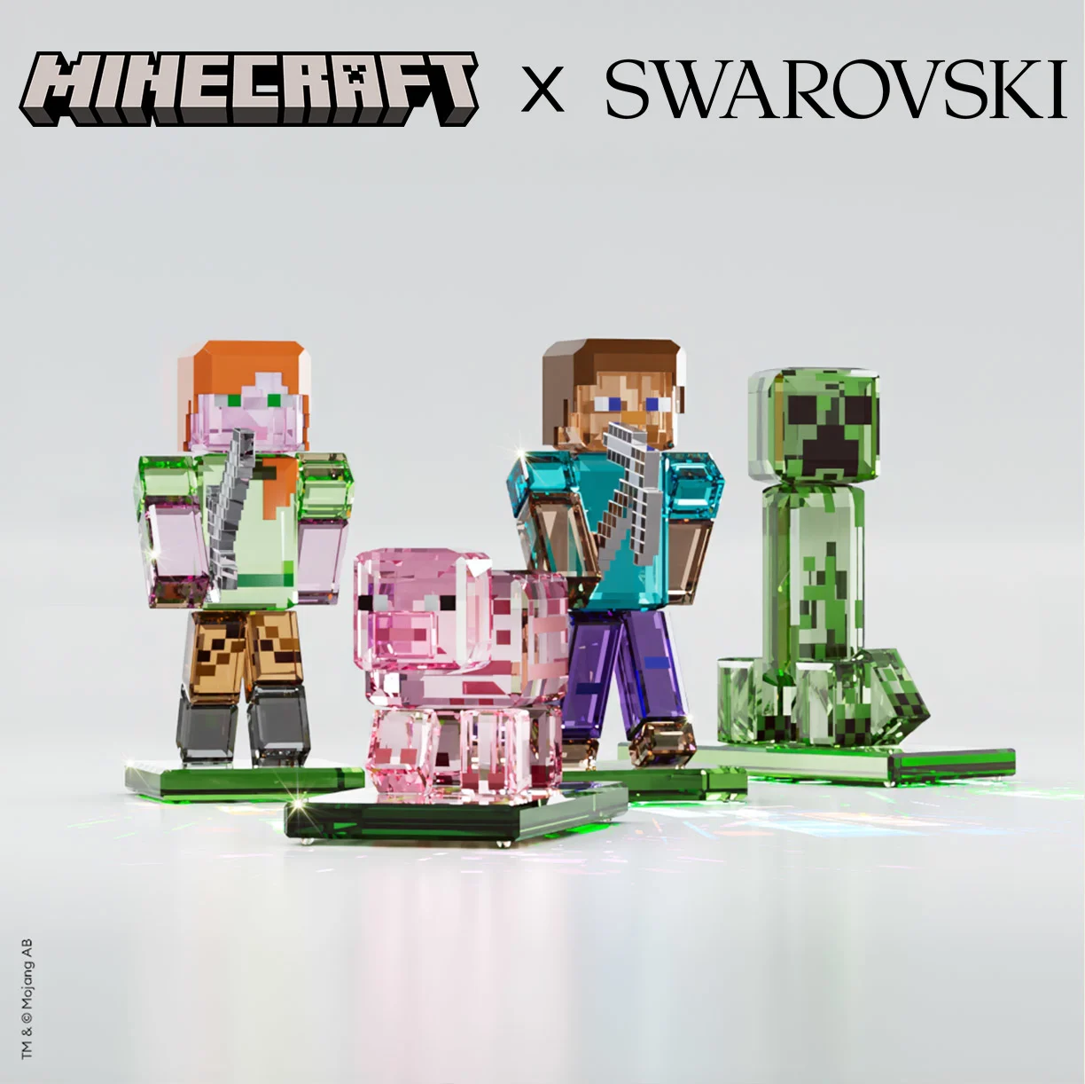Creazioni della collezione Minecraft x Swarovski: Steve, Alex, Creeper e Pig.