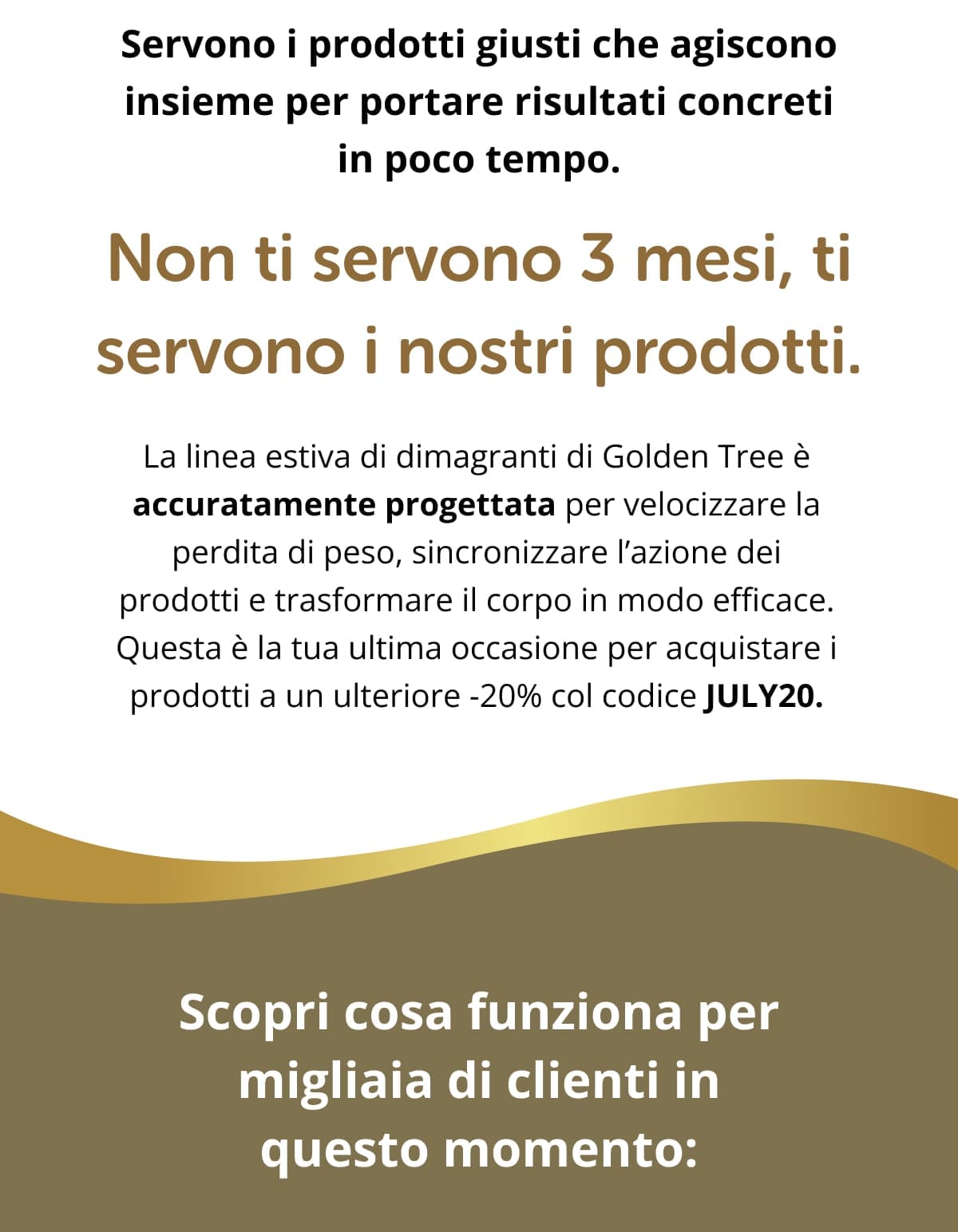 Servono i prodotti giusti che agiscono insieme per portare risultati concreti in poco tempo. Non ti servono 3 mesi, ti servono i nostri prodotti. La linea estiva di dimagranti di Golden Tree è accuratamente progettata per velocizzare la perdita di peso, sincronizzare l’azione dei prodotti e trasformare il corpo in modo efficace. Questa è la tua ultima occasione per acquistare i prodotti a un ulteriore -20% col codice JULY20. Scopri cosa funziona per migliaia di clienti in questo momento: