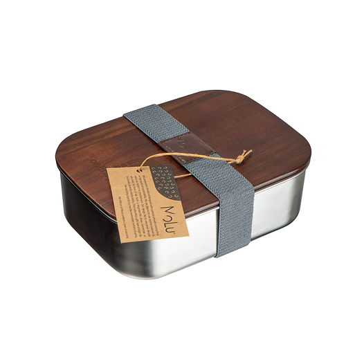 Portapranzo Molu in acciaio inox con coperchio in legno marrone ed elastico grigio