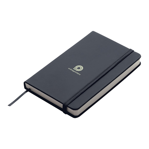 Taccuino nero con chiusura elastica e logo “onlineprinters” in copertina