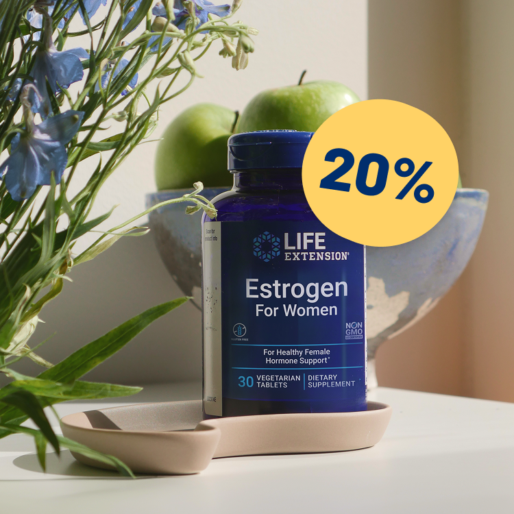 alt="Flacone Estrogen for Women su uno scaffale con un bollino sconto del 20% e mele verdi sullo sfondo"
