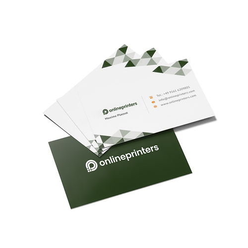 Biglietti da visita di Onlineprinters con dati di contatto e logo, fronte verde scuro con logo bianco