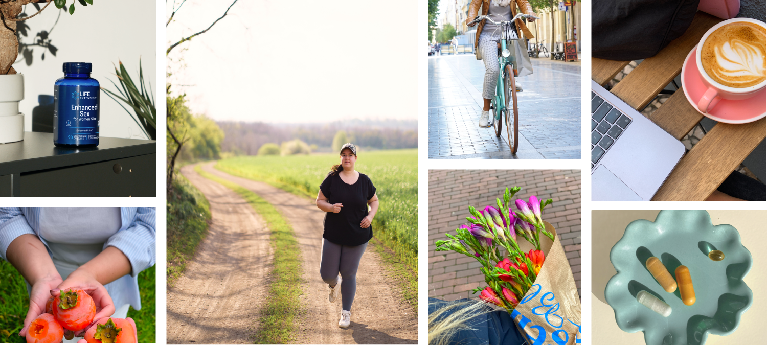 alt="Collage con una donna che corre, fiori, caffè, bicicletta, cachi e un flacone di Enhanced Sex"