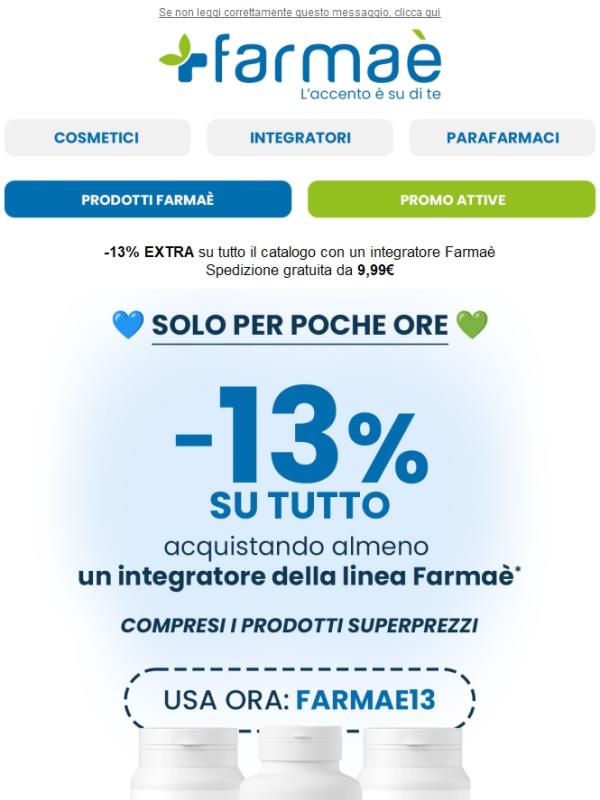 -13% su tutto con un integratore Farmaè e spedizione gratuita da 9,99€