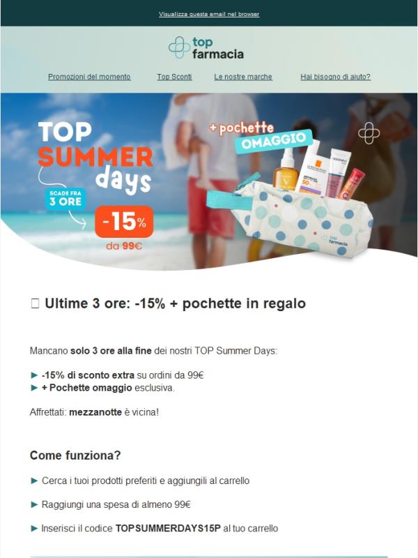 🚨 Ultime 3 ore: -15% extra + regalo pochette!
