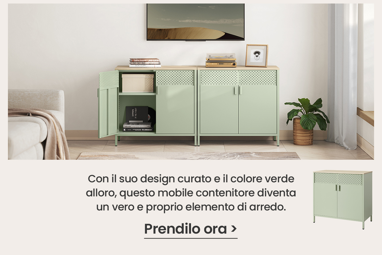 Con il suo design curato e il colore verde alloro, questo mobile contenitore diventa un vero e proprio elemento di arredo.
