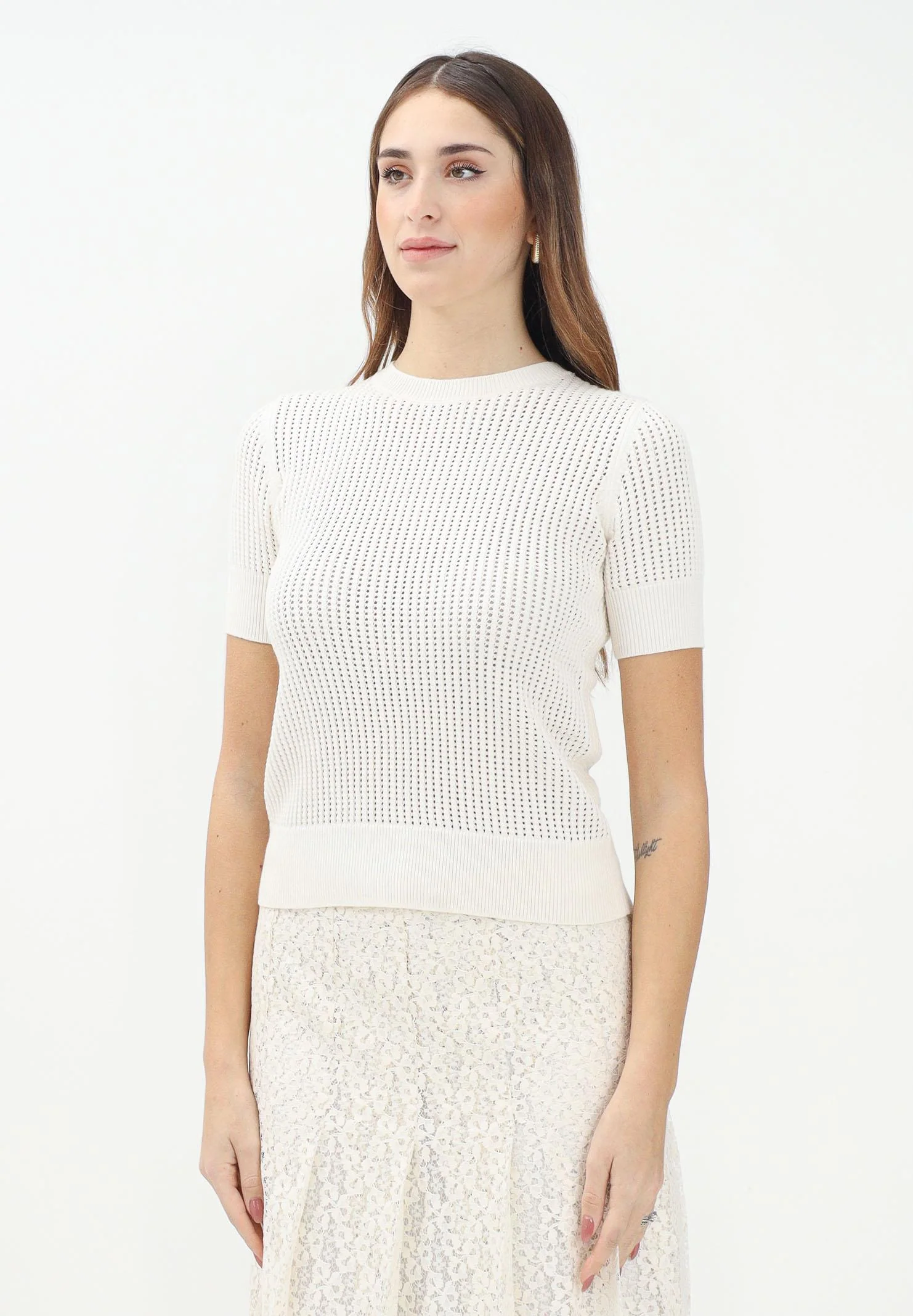 Image of MAX MARA Maglia a manica corta panna da donna realizzata in un tessuto a rete