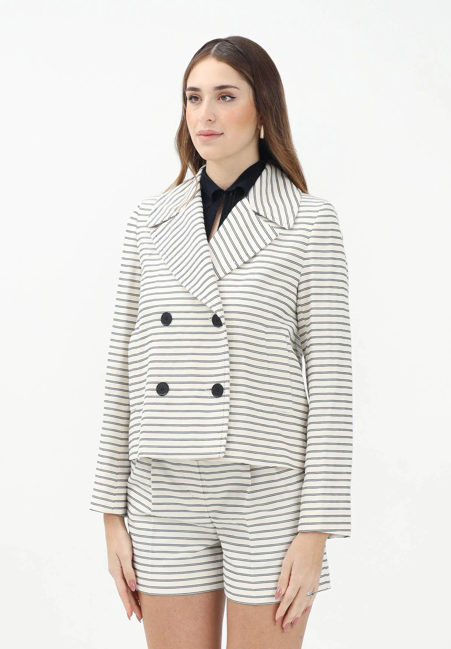 Image of MAX MARA Giacca doppiopetto panna da donna con motivo a righe blu