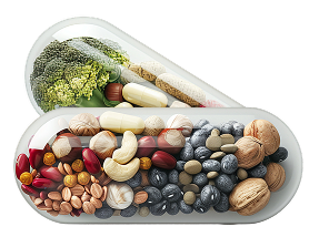 alt="Due capsule trasparenti riempite con alimenti integrali come noci, semi, verdure e legumi"