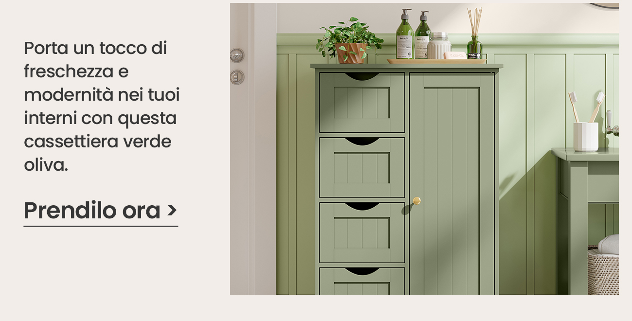 Porta un tocco di freschezza e modernità nei tuoi interni con questa cassettiera verde oliva.