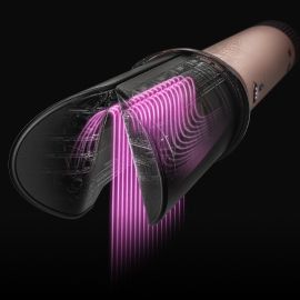L’accessorio Dyson AirSmooth2x con immagini rosa che mostrano il flusso d’aria tra i bracci dell’accessorio.