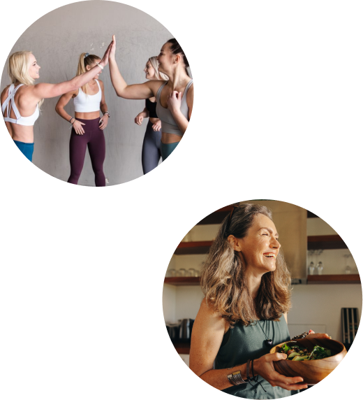 alt="Collage di tre immagini circolari: donne in abbigliamento sportivo che si danno il cinque, badge di sconto del 30% e donna sorridente con un’insalata"