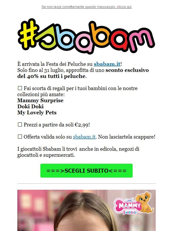 🎉 Festa dei Peluche: -40% solo fino al 31 luglio su sbabam.it