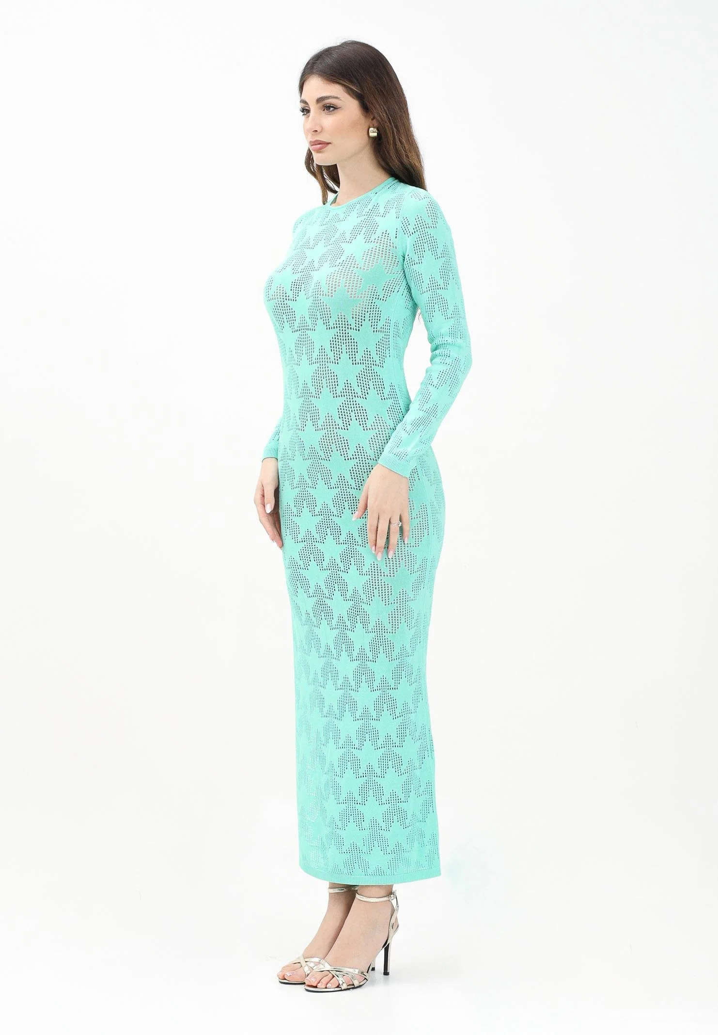 Image of AKEP Abito lungo in maglia verde acqua da donna impreziosito da un originale ricamo a stelle