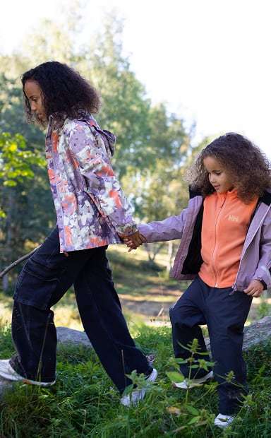 Kids outdoors, wearing Helly Hansen gear