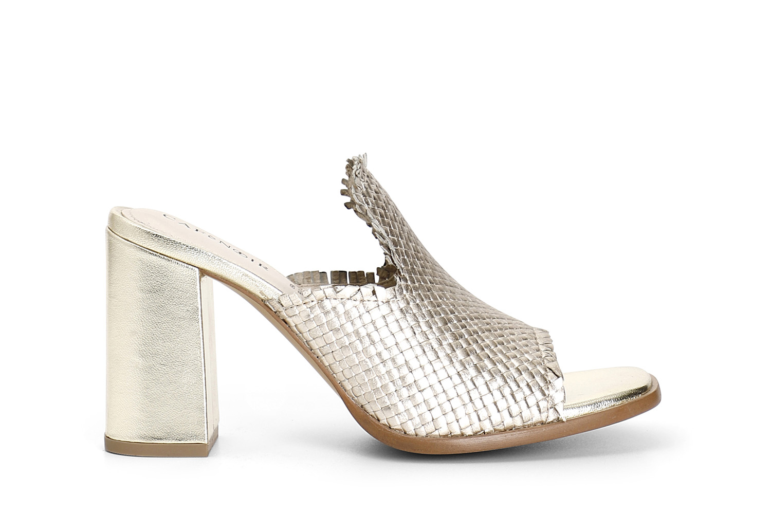 Image of sabot in pelle con intreccio oro