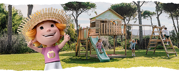 Due bambini giocano allegramente su una torre giochi in giardino – scopri subito le offerte nel negozio
