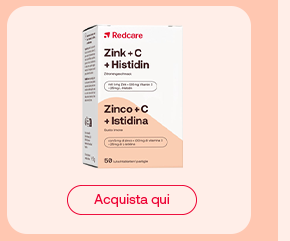 Confezione Redcare Zinco + C + Istidina da 50 compresse su sfondo pesca, con pulsante rosso “Acquista qui” sotto al prodotto