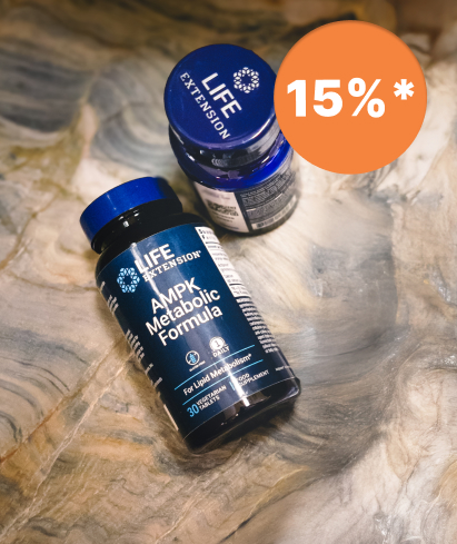 alt="Due flaconi di Life Extension AMPK Metabolic Formula su una superficie marmorizzata, uno con etichetta di sconto del 15%."