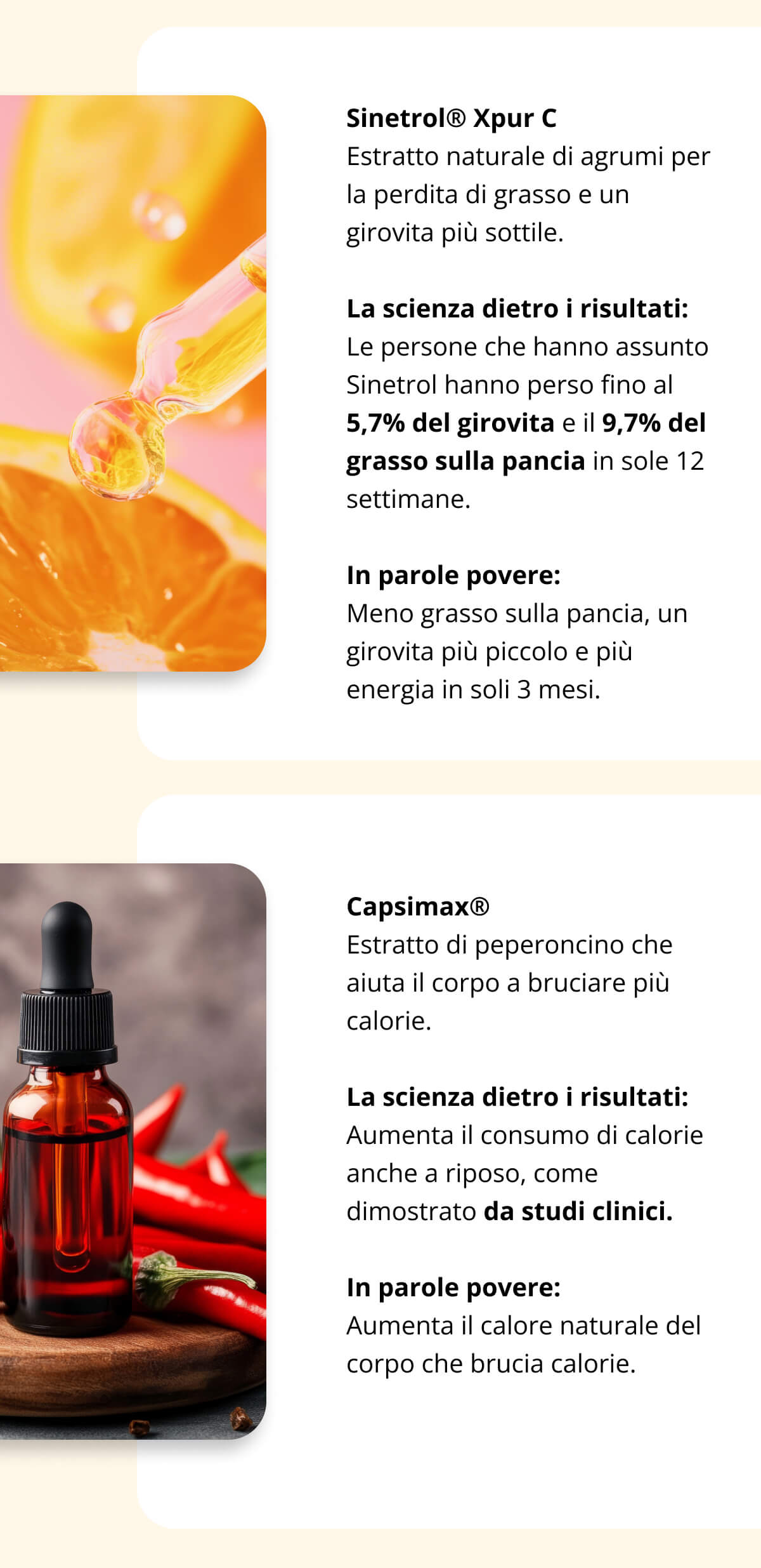 Sinetrol® Xpur C Estratto naturale di agrumi per la perdita di grasso e un girovita più sottile. La scienza dietro i risultati: Le persone che hanno assunto Sinetrol hanno perso fino al 5,7% del girovita e il 9,7% del grasso sulla pancia in sole 12 settimane. In parole povere: Meno grasso sulla pancia, un girovita più piccolo e più energia in soli 3 mesi. Capsimax® Estratto di peperoncino che aiuta il corpo a bruciare più calorie. La scienza dietro i risultati: Aumenta il consumo di calorie anche a riposo, come dimostrato da studi clinici. In parole povere: Aumenta il calore naturale del corpo che brucia calorie.