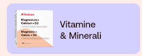 Confezione Redcare Magnesium + Calcium + D3 su sfondo lilla, accanto al testo “Vitamine & Minerali