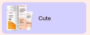 Tre prodotti Redcare per la cura della pelle: crema solare SPF 50, crema anti-prurito e crema emolliente, con scritta “Cute” su sfondo lilla