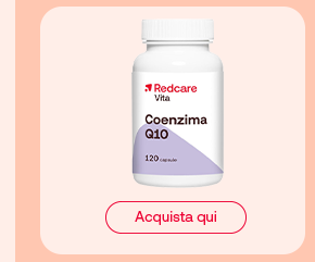 Flacone Redcare Vita Coenzima Q10 da 120 capsule su sfondo pesca, con pulsante rosso “Acquista qui” sotto al prodotto